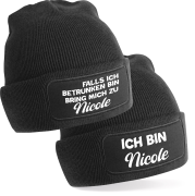 2er Set One Size Beanie, Mütze bedruckt mit Spruch: Falls ich betrunken bin, bringt mich zu... , Ich bin... - mit Wunschnamen