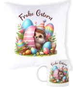 Kissen oder Tasse: Frohe Ostern Motiv Igel oder Schaf
