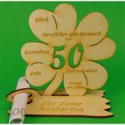 Holzkleeblatt zum XX. Geburtstag Höhe 11,7 cm mit Gravur Personalisiert, mit Glückwünschen Tischaufsteller