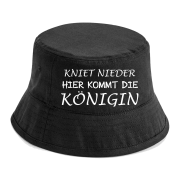 Party Hut, Bucket Hat, Fischer Hut, Hut bedruckt mit Spruch: Kniet nieder hier kommt die Königin, der König