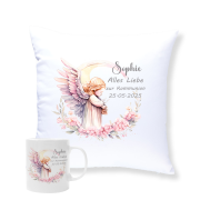 Kissen oder Tasse "Alles Liebe zur Kommunion, Taufe oder Konfirmation, Motiv Engel, Geschenk, personalisiert