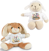 Stofftier, Kuscheltier Schaf oder Hase mit personalisiertem Mini Tshirt, Motiv Ostern