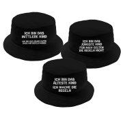 3er Set Party Hut, Bucket Hat, Fischer Hut, Hut bedruckt mit Spruch: Das Jüngste, Das Mittlere, Das Älteste KiND - REGELN der Familie