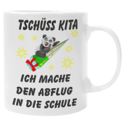 Schwarzweiße oder weiße Tasse "Tschüss Kita. Ich mache den Abflug in die Schule."