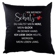 Schwarzes Kissen mit Motiv: An meinen Schatz