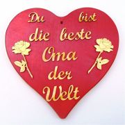 Holzspruchtafel Herzbrett "Beste Oma, Mama, Freundin...der Welt", Holzherz in Rot metallic als Geschenk Muttertag