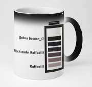 Farbwechseltasse Zaubertasse, Magic Mug mit Motiv: Batterie, Akkustand, ich brauche Kaffee