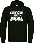 Kapuzenpullover, Hoodie schwarz mit Motiv: Keine Panik Leute... Wunschname ist jetzt da, Design 2, personalisiert