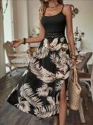 Damenkleid, Freizeitkleid, Maxikleid, schwarz mit Blattmuster, dünne Träger, Riemchenkleid, rückenfrei
