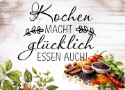 Glasschneidebrett, Frühstücksbrettchen, mit Motiv: Kochen macht glücklich...