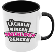Schwarzweiße oder weiße Tasse "Lächeln, winken, Arschloch denken"