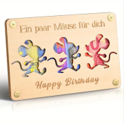 Geldgeschenktafel aus Holz mit Spruch "Ein paar Mäuse für Dich - Happy Birthday"