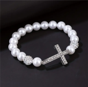 Perlenarmband, Damenarmband, mit Kreuz und Strasssteinen, Elastisches Armband
