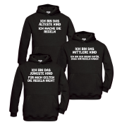 3er Set Kinder Hoodies ohne Kordel, KINDER Kapuzenpullover schwarz "Das Jüngste, Das Mittlere, Das Älteste KiND - REGELN der Familie", Motiv vorne