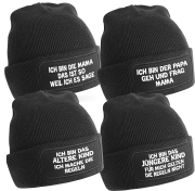 4er Set One Size Beanie, Mütze bedruckt mit Spruch: Ich bin die Mama, Ich bin der Papa, Ich bin das ältere Kind, Ich bin das Jüngere Kind - Regeln der Familie