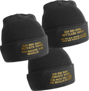 2er oder 3er Set One Size Beanie, Mütze bedruckt mit goldenem Schriftzug: Das Jüngste, Das Mittlere, Das Älteste KIND - REGELN der Familie