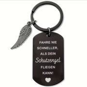 Schlüsselanhänger mit Gravur "Fahre nie schneller als dein Schutzengel fliegen kann." mit Engelsflügel- schwarz